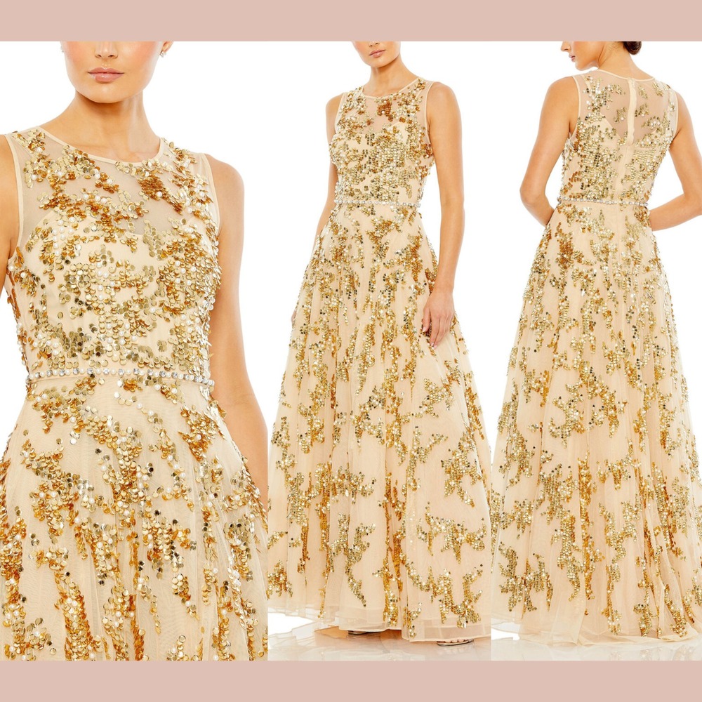 NWT $1198 Mac Duggal [ 12 ] 10953 Jewel Neckline Embellished Gown NudeGold S1864